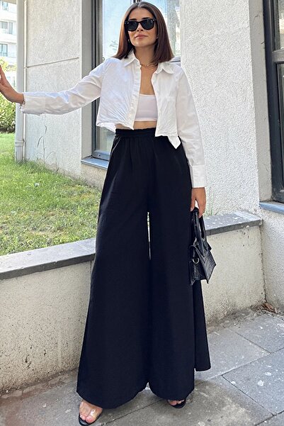 Juuuj Siyah Beli Lastikli, Cepli, İspanyol / Bol Paça Özel Kumaş, Rahat Kalıp Pantolon - Tesettüre Uygun