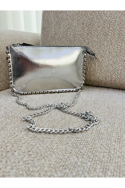 BEE BAGS Geantă de mână și de umăr cu fermoar, cu mâner cu lanț detașabil, de culoare argintie pentru femei