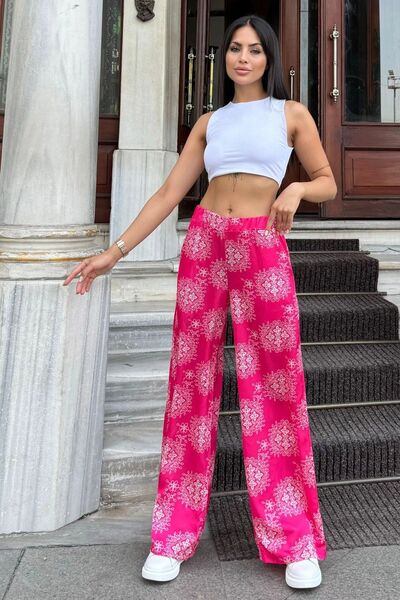 Juuuj Women's Fuchsia Ethnic Patterned, Elastic Waist, Wide Legs, Loose Satin Trousers - Suitable for Hijab