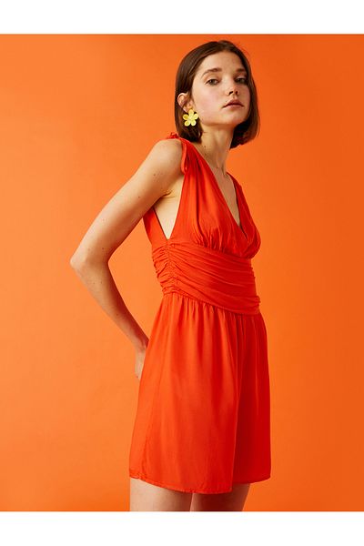Koton Shorts Jumpsuit Sleeveless V-Neck Waist Detailed Linen Blended