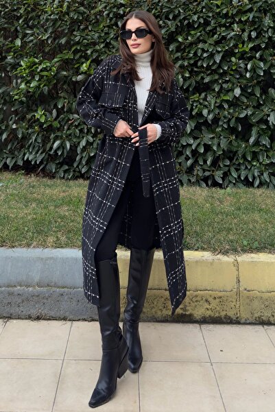 Juuuj Kadın Siyah Uzun Kol, Çift Cepli, Eteği Oval Kesim, Kemerli, Tüvit Kumaş Trençkot