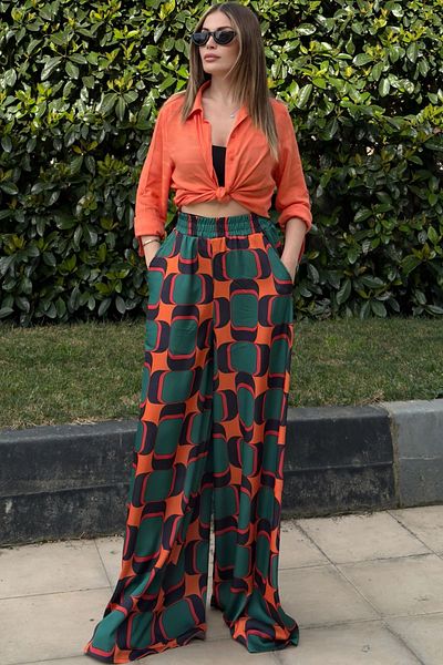 NEW LAVİVA Orange Elastic Waist, Pocket, Spanish / Wide Leg Special Fabric, Comfortable Fit Trousers - Suitable for Hijab