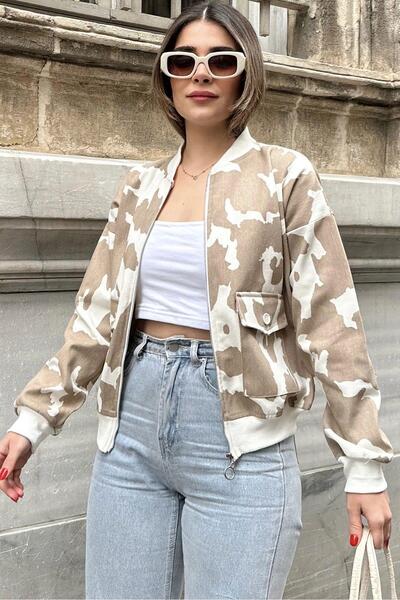 Juuuj Țesătură gabardină cu model bej pentru femei, croială confortabilă, buzunare cu clapă, jachetă bomber