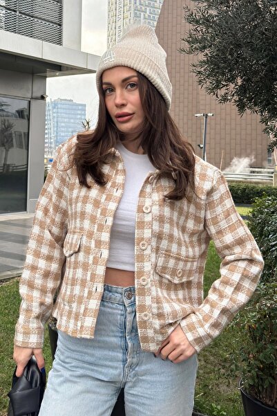 Juuuj Жіночий візон з двома кишенями, у клітинку, зручний крій, короткий твідовий піджак