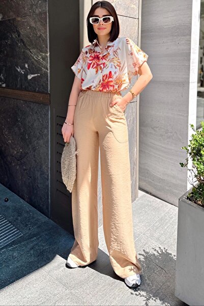 Juuuj أرجل واسعة إسبانية باللون البيج، خصر مرن، قماش كتان/إيروبين، فضفاض، جيب...