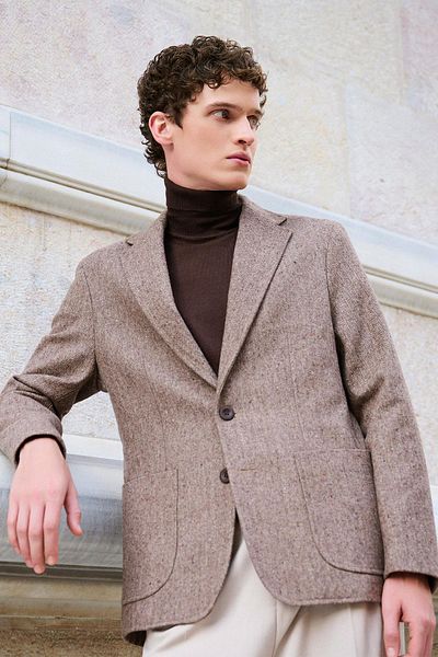Antioch Brown Slim Fit Herringbone Patterned Men's Blazer Jacket