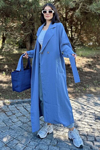 Juuuj Жіночий синій кардиган з коміром-краваткою, поясом, кишенями, вільним кроєм і довгим покроєм