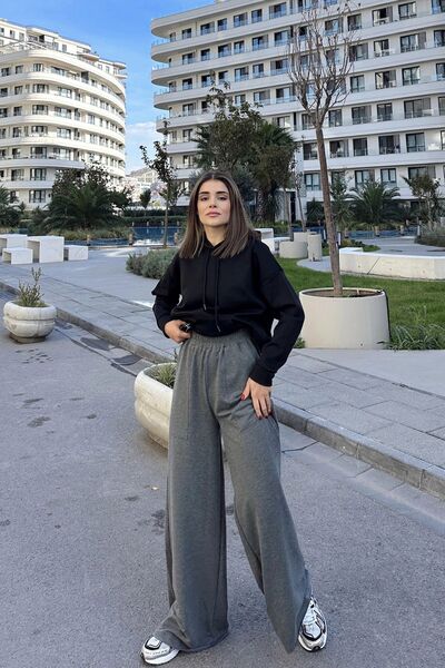 NEW LAVİVA Women's Anthracite Elastic Waist, Pocket, Wide Leg, Loose Trousers