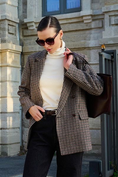 Antioch Brown Women's Houndstooth Patterned Blazer Jacket