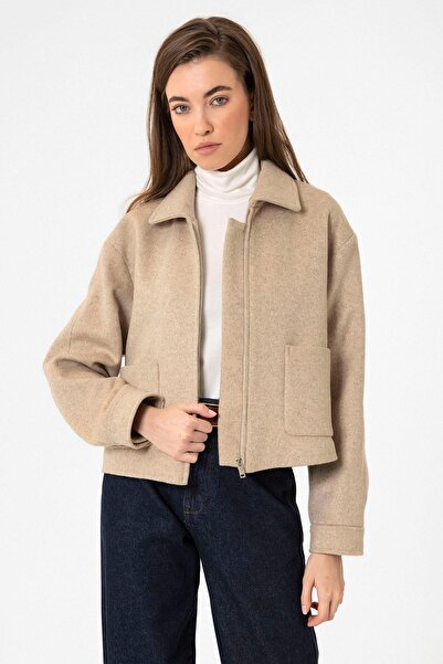 Antioch Jachetă scurtă de lână mixtă bej pentru femei
