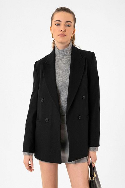 Antioch Black Women's Wool Blend Herringbone Patterned Blazer Jacket Size: S