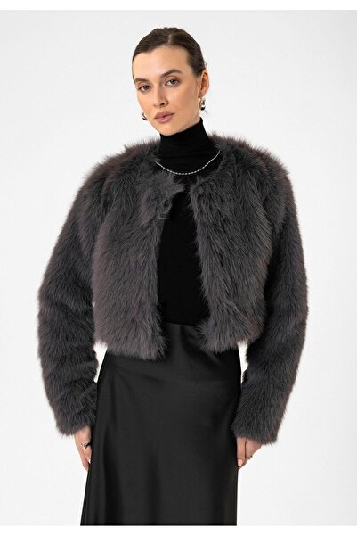 Antioch Gray Women's Faux Fur Crop Jacket
