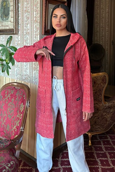 Juuuj Red Crest Detailed, Hooded, Gray Stamp Cardigan Jacket