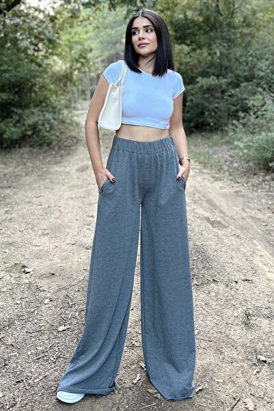 NEW LAVİVA Anthracite Elastic High Waist, Pockets, Wide Leg, Loose Pants