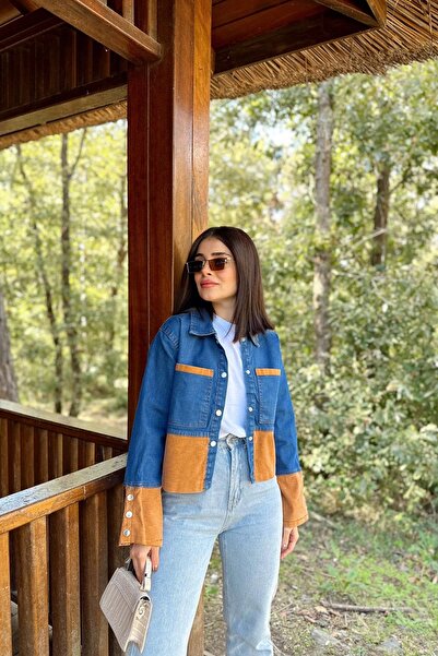 Juuuj Denim albastru și portocaliu pentru femei, cu detaliu de culoare dublă în contrast, cu manșete cu nasturi în față, jachetă de blugi