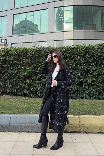 Juuuj Kadın Siyah Uzun Kol, Çift Cepli, Eteği Oval Kesim, Kemerli, Tüvit Kumaş Trençkot