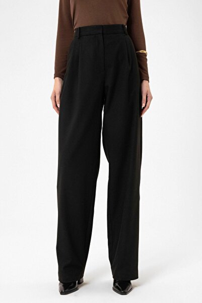 Antioch Black Women's High Waist Straight Fit Trousers with Collet Detail