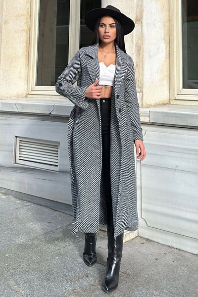 NEW LAVİVA Μαύρος γιακάς με διπλό στήθος, διπλή τσέπη, ζώνη μέσης, μακρύ παλτό από ψαροκόκκαλο (χωρίς επένδυση)