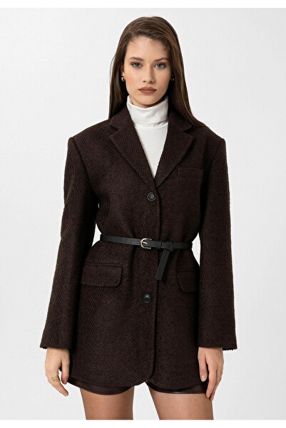 Antioch Brown Women's Herringbone Patterned Blazer Jacket