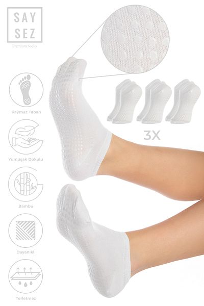 SAYSEZ Bamboo Women - Σετ 3 αντιολισθητικών λευκών σιλικόνης με στάμπα Pilates Yoga Fitness Booties κάλτσες