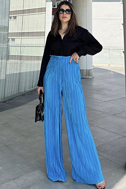 Juuuj Women's Blue Elastic Waist, High Waist, Loose Cut, Wide Leg Wrap Pants