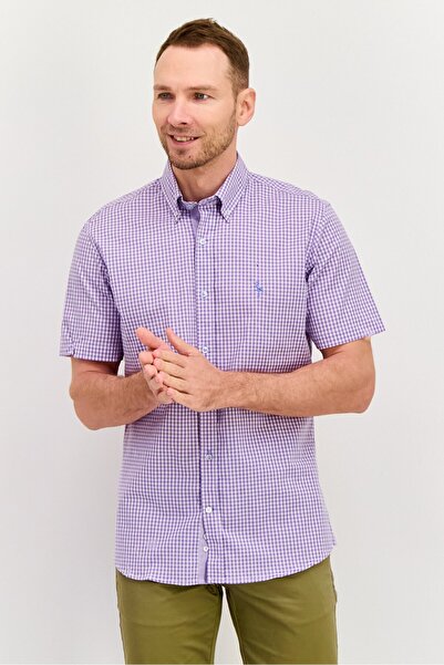 TailorByrd قميص رجالي كاجوال بقصّة عادية وأكمام قصيرة ومطرّز بمربعات صغيرة، أ...