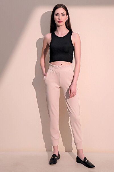 NEW LAVİVA Women's Beige Comfortable Textured Fabric Pocket Elastic Waist Leg Jogger Sports Trousers