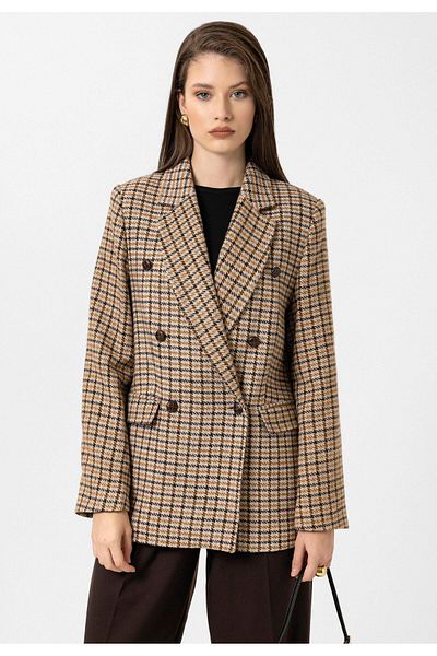 Antioch Tan Women's Houndstooth Patterned Blazer Jacket