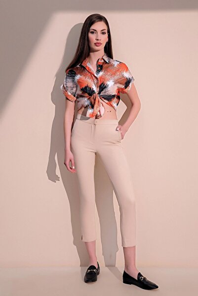 Juuuj Γυναικείο μπεζ ελαστικό παντελόνι μέσης με λεπτομέρεια μολύβι με τσέπες...