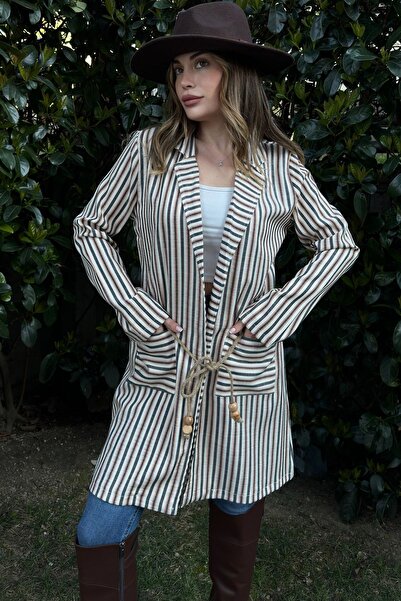 Juuuj Somon și ecru cu dungi pentru femei, curea din frânghie de paie, două buzunare, jachetă lungă de in