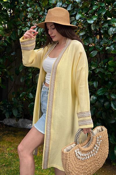 NEW LAVİVA Women's Yellow Muslin Fabric, Loose Kimono Jacket with Straw Stripe Detail