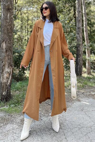 Juuuj Kadın Taba Kruvaze Yaka, Kemerli, Cepli, Salaş Kesim Uzun Trençkot