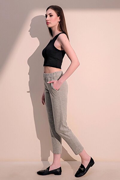 Juuuj Γυναικείο μπεζ ελαστικό στη μέση με μαλακή υφή casual παντελόνι με τσέπες - ίσια κοπή και φορέστε