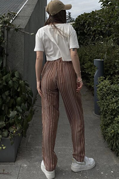 Juuuj Γυναικείο καφέ ριγέ, ελαστική μέση, τσέπες, χαλαρό αθλητικό παντελόνι