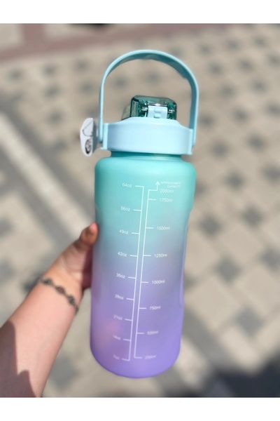 UMYHOME قارورة مياه تحفيزية سعة 2 لتر مع ملصق وقش (أزرق - أرجواني)