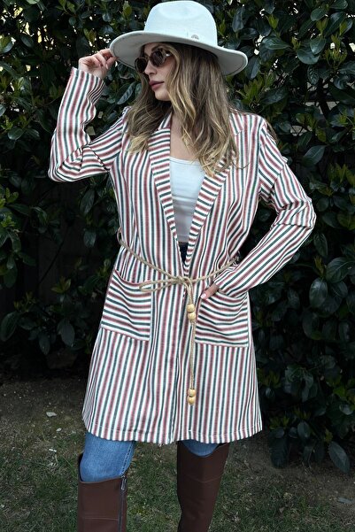 Juuuj Cărămidă și ecru cu dungi pentru femei, curea din frânghie de paie, două buzunare, jachetă lungă de in