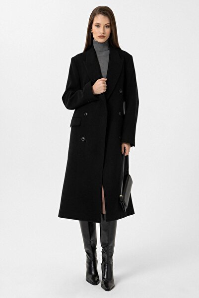 Antioch Black Women's Belted Double Breasted Coat