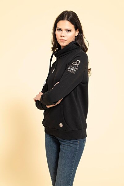 FOR YOU MODA Μαύρο φούτερ με λεπτομέρεια κορδόνι γιακά με τσέπη καγκουρό