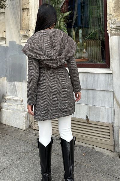 NEW LAVİVA Двуредна яка с шарка на рибена кост и дълго кашмирено палто с колан и качулка - без подплата