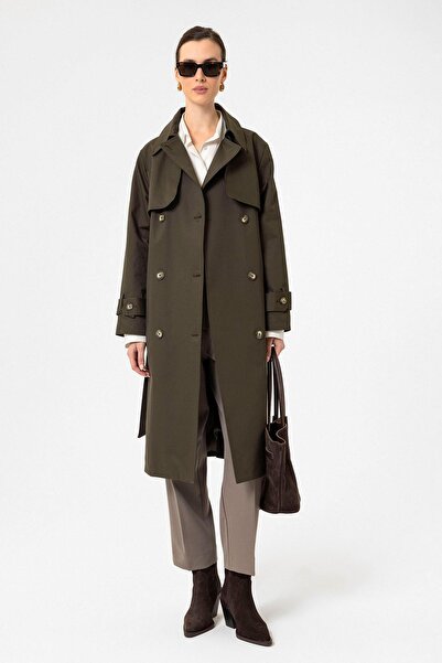 Antioch Haki Kadın Kruvaze Kapama Kemerli Trençkot