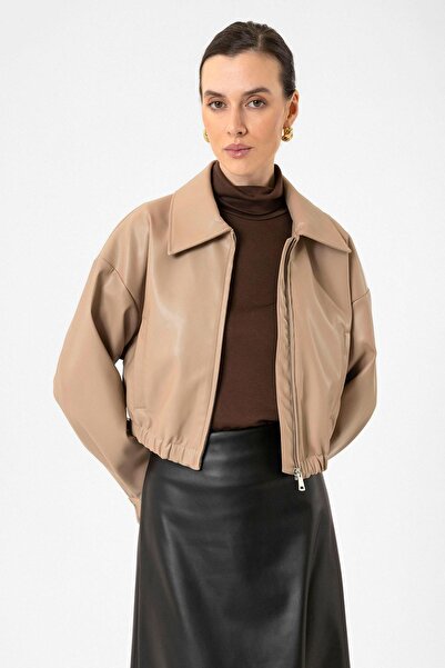 Antioch Beige Crop Faux Leather Women's Jacket