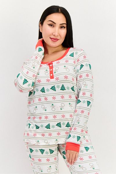 Kensie Women 2 Piece Allover Print Top And Bottom Pajama, White Combo