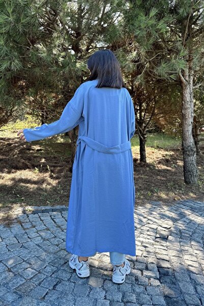 Juuuj Жіночий синій кардиган з коміром-краваткою, поясом, кишенями, вільним кроєм і довгим покроєм