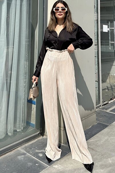 Juuuj بنطال نسائي بيج بخصر مطاطي، خصر مرتفع، قصة فضفاضة، ساق واسعة ملفوفة