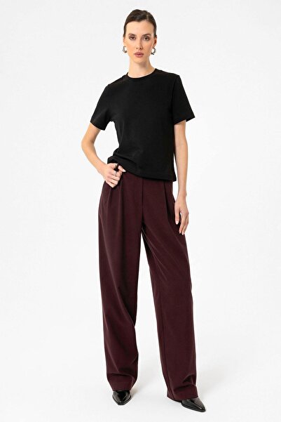Antioch Burgundy Women's High Waist Collet Detailed Straight Fit Trousers