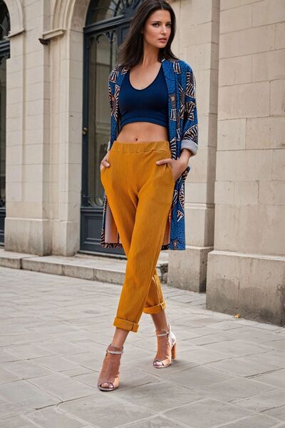Juuuj Mustard Elastic Waist, Pocket Detail, Casual Trousers
