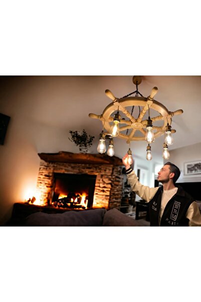 Can Marangozluk Ahşap 87 cm Rustik Ahşap Gemi Dümeni Retro Ağaç Ev Avizesi Ve...