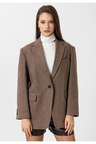Antioch Brown Women's Relax Fit Herringbone Patterned Blazer Jacket