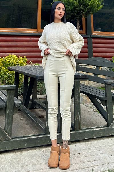 NEW LAVİVA Ecru High Waist, Elastic Back, Stretchy Leather Leggings