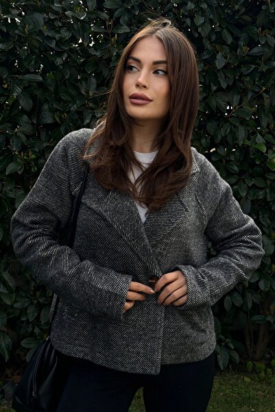 Juuuj Guler negru cu două piept pentru femei, nasture dublu, croială confortabilă, jachetă din stofă cu ștampilă cu nervuri